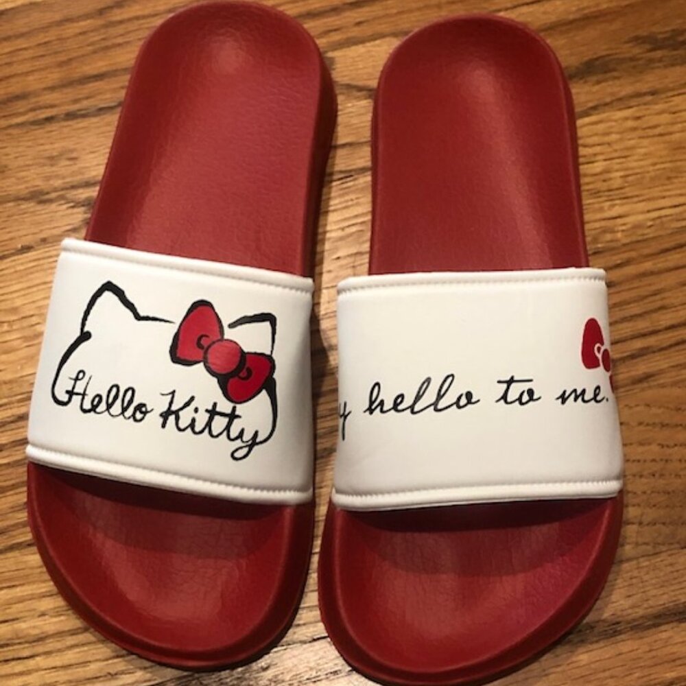 NEW Sanrio Hello Kitty Say Hello To Me Red White Slides Size 7 8 From Japan!